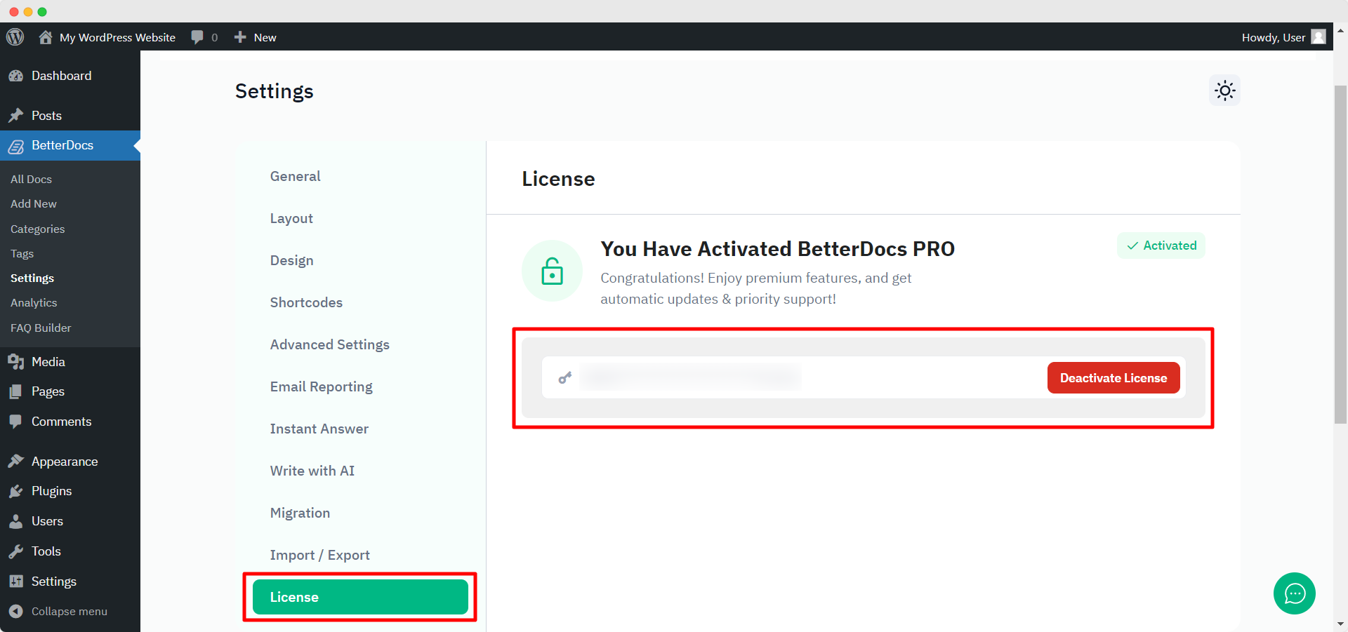 BetterDocs License tab after license key activation