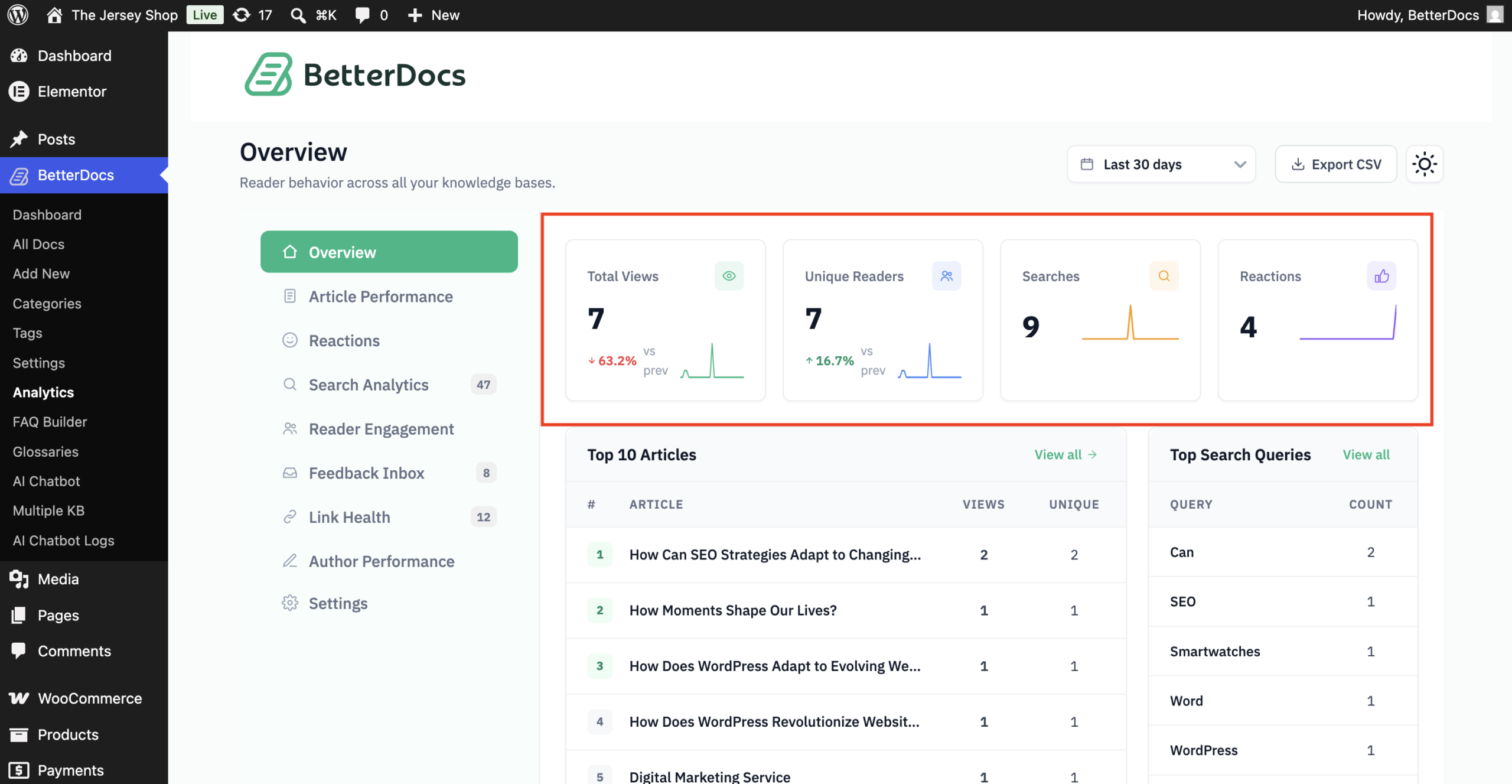 How to Configure Advanced Analytics to Evaluate the Performance of Your Knowledge Base? 2 Overview Tab in BetterDocs advanced analytics