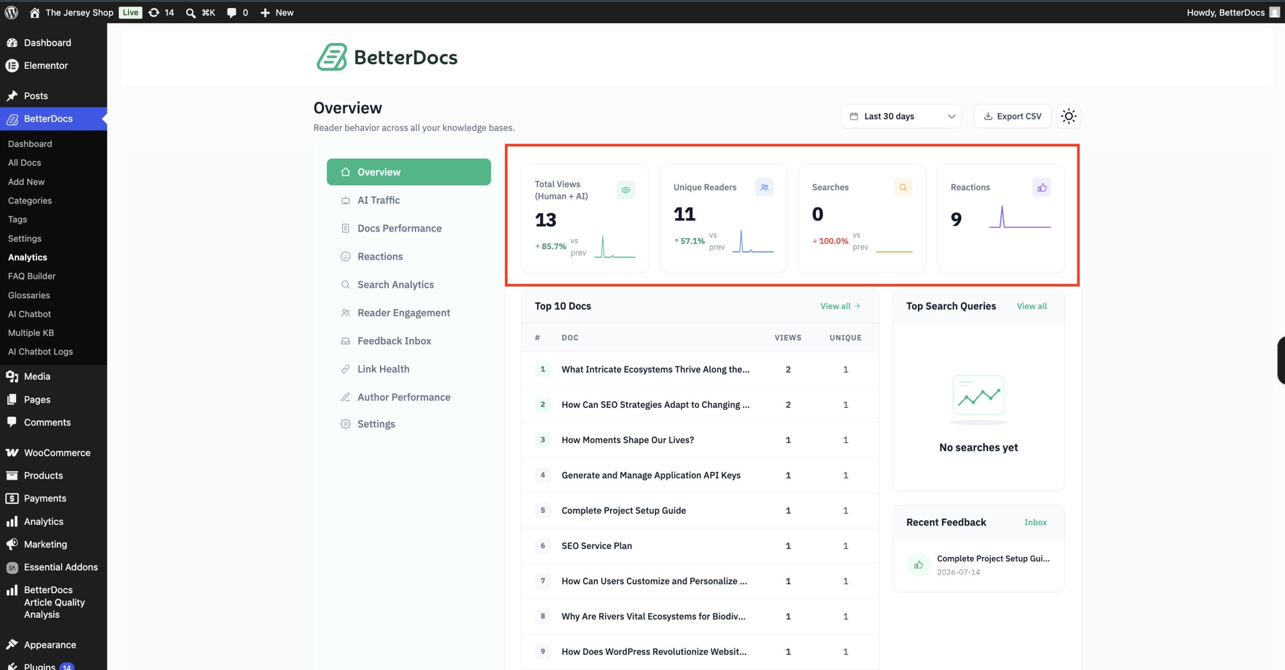 How to Configure Advanced Analytics to Evaluate the Performance of Your Knowledge Base? 2 Overview Tab in BetterDocs advanced analytics
