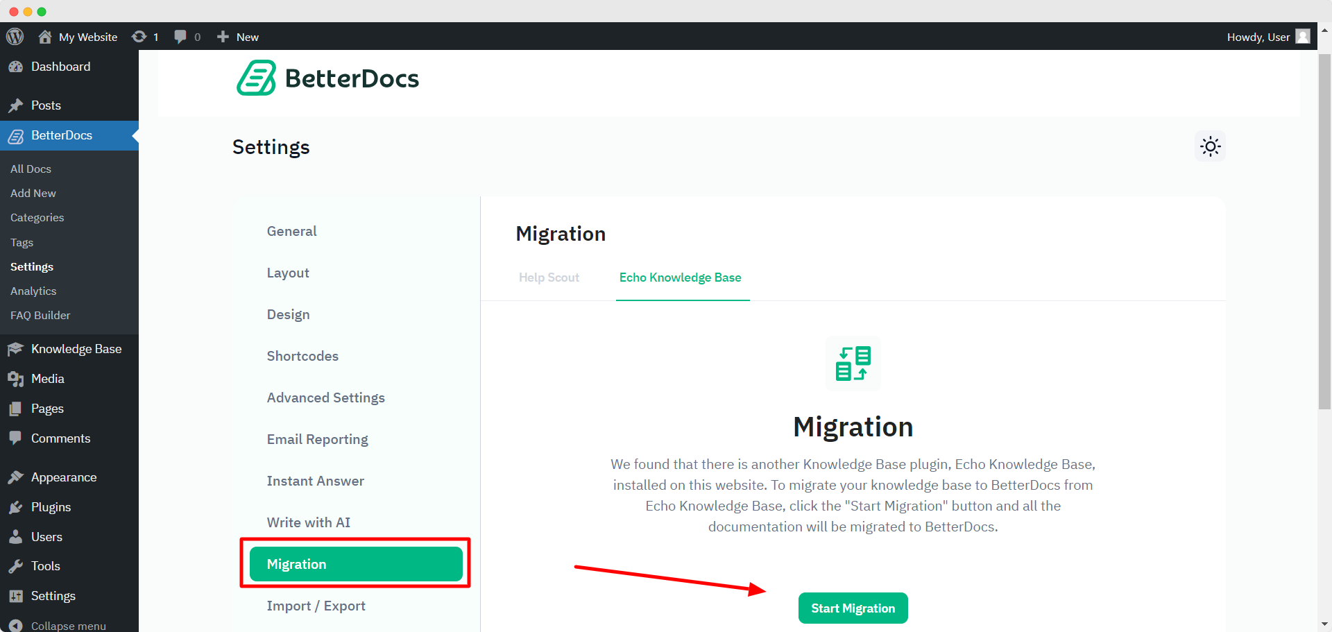 Start the migration process from BetterDocs settings