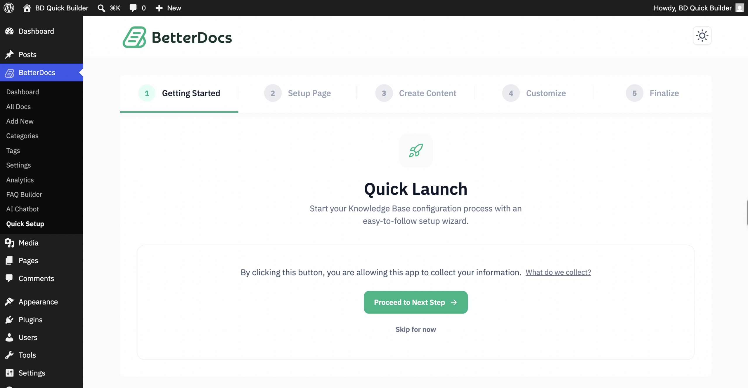 How to Set Up Knowledge Base And Generate Sample Docs & FAQs by AI in BetterDocs Quick Builder? 1 Revamped Quick Builder