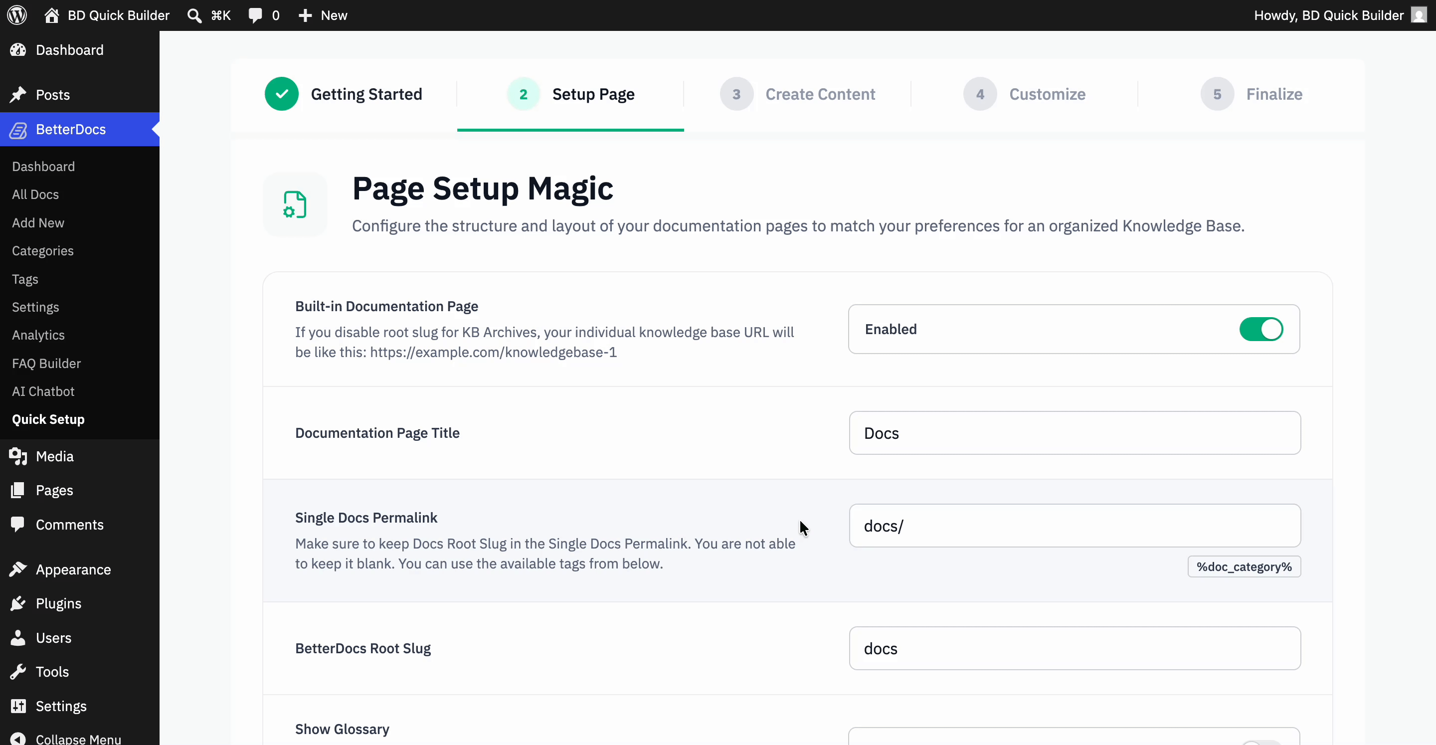 How to Set Up Knowledge Base And Generate Sample Docs & FAQs by AI in BetterDocs Quick Builder? 2 Page Setup Magic