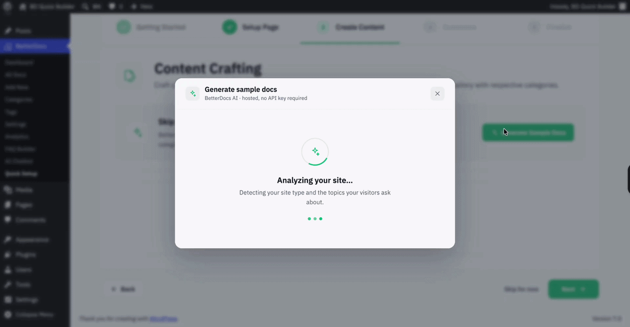 How to Set Up Knowledge Base And Generate Sample Docs & FAQs by AI in BetterDocs Quick Builder? 3 Generate Sample Docs with AI