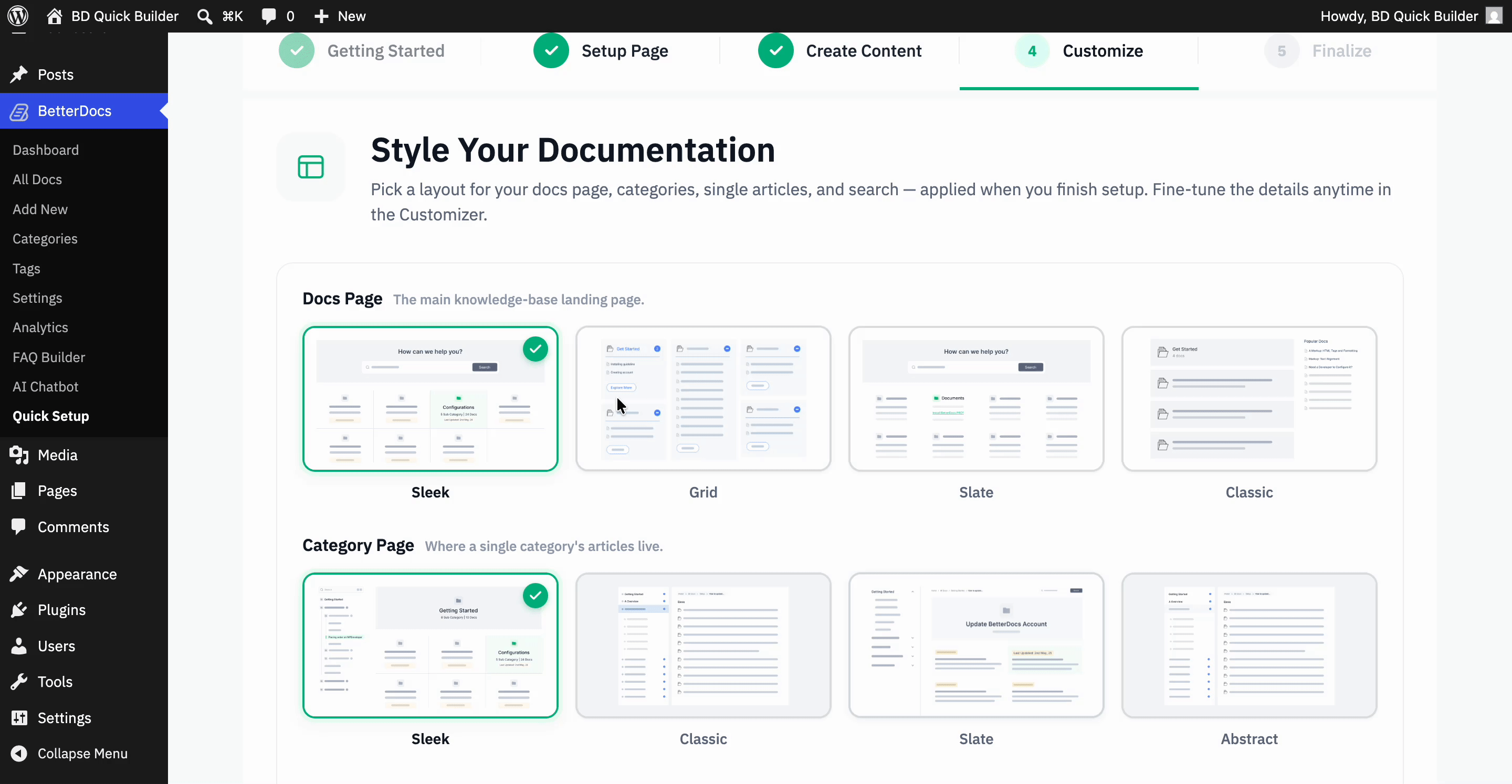How to Set Up Knowledge Base And Generate Sample Docs & FAQs by AI in BetterDocs Quick Builder? 4 Choose documentation layout
