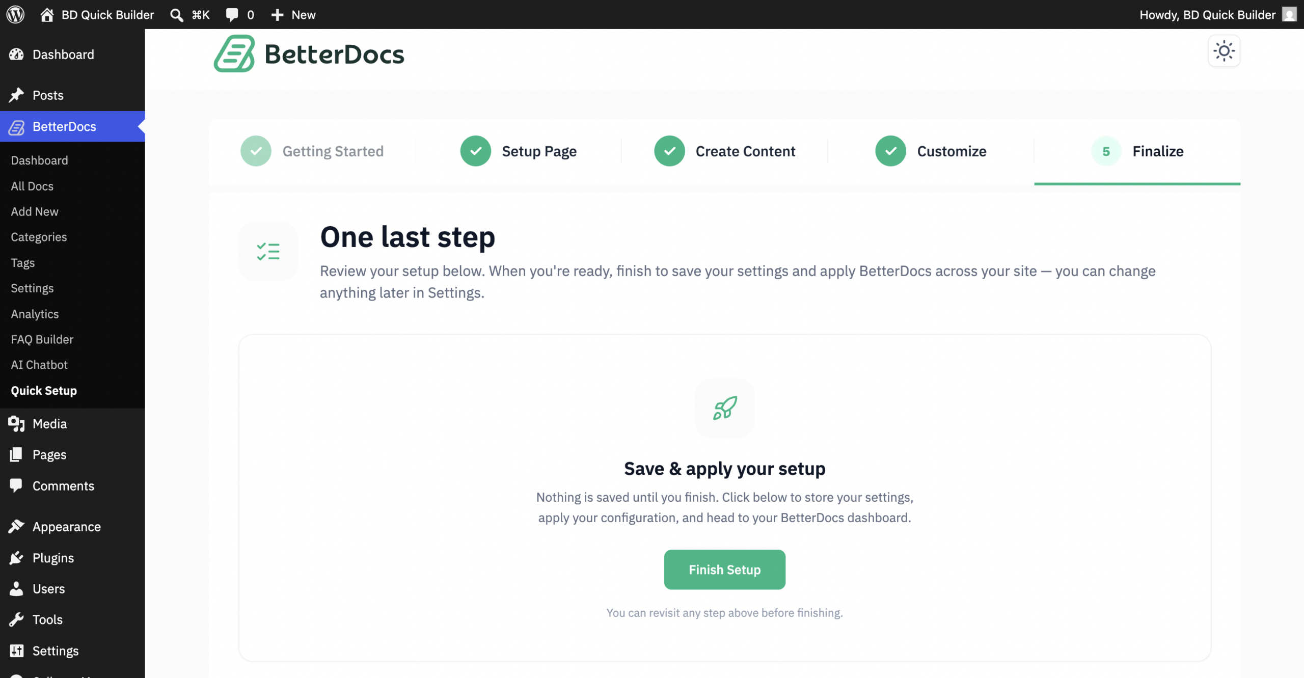How to Set Up Knowledge Base And Generate Sample Docs & FAQs by AI in BetterDocs Quick Builder? 5 Finalized Step