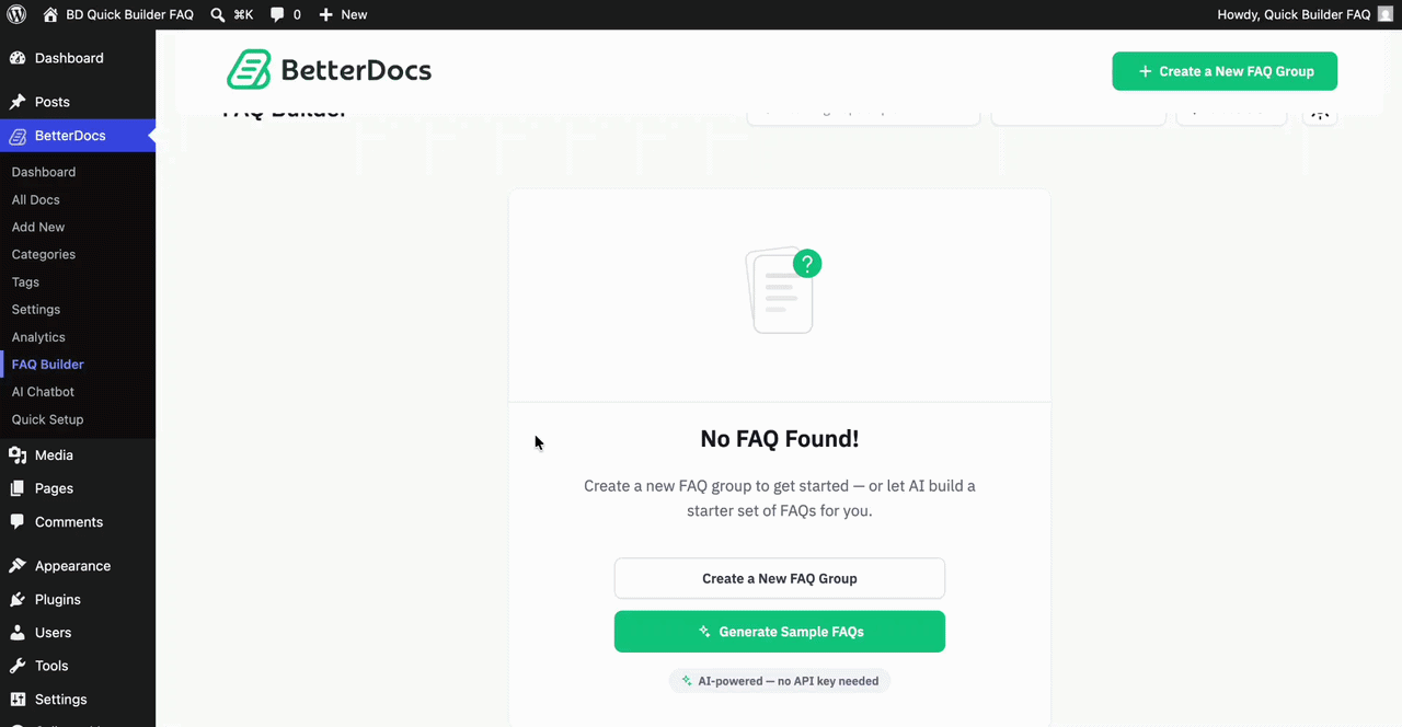How to Set Up Knowledge Base And Generate Sample Docs & FAQs by AI in BetterDocs Quick Builder? 6 Generate FAQ with AI