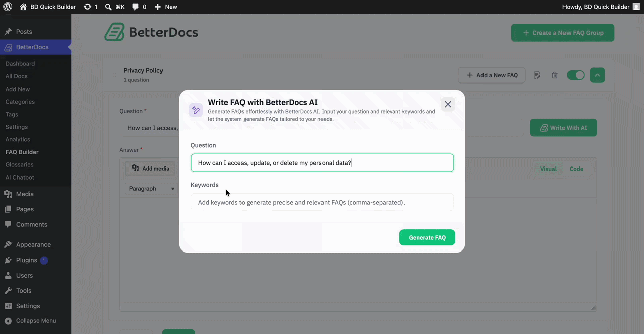 How To Configure BetterDocs FAQ Builder In WordPress? 5 Generate FAQ with AI