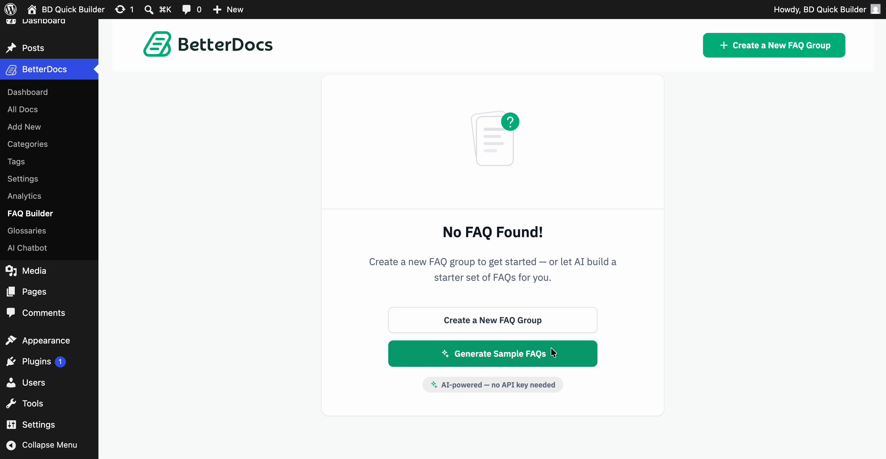 How To Configure BetterDocs FAQ Builder In WordPress? 8 Generate a Sample FAQ Group with AI