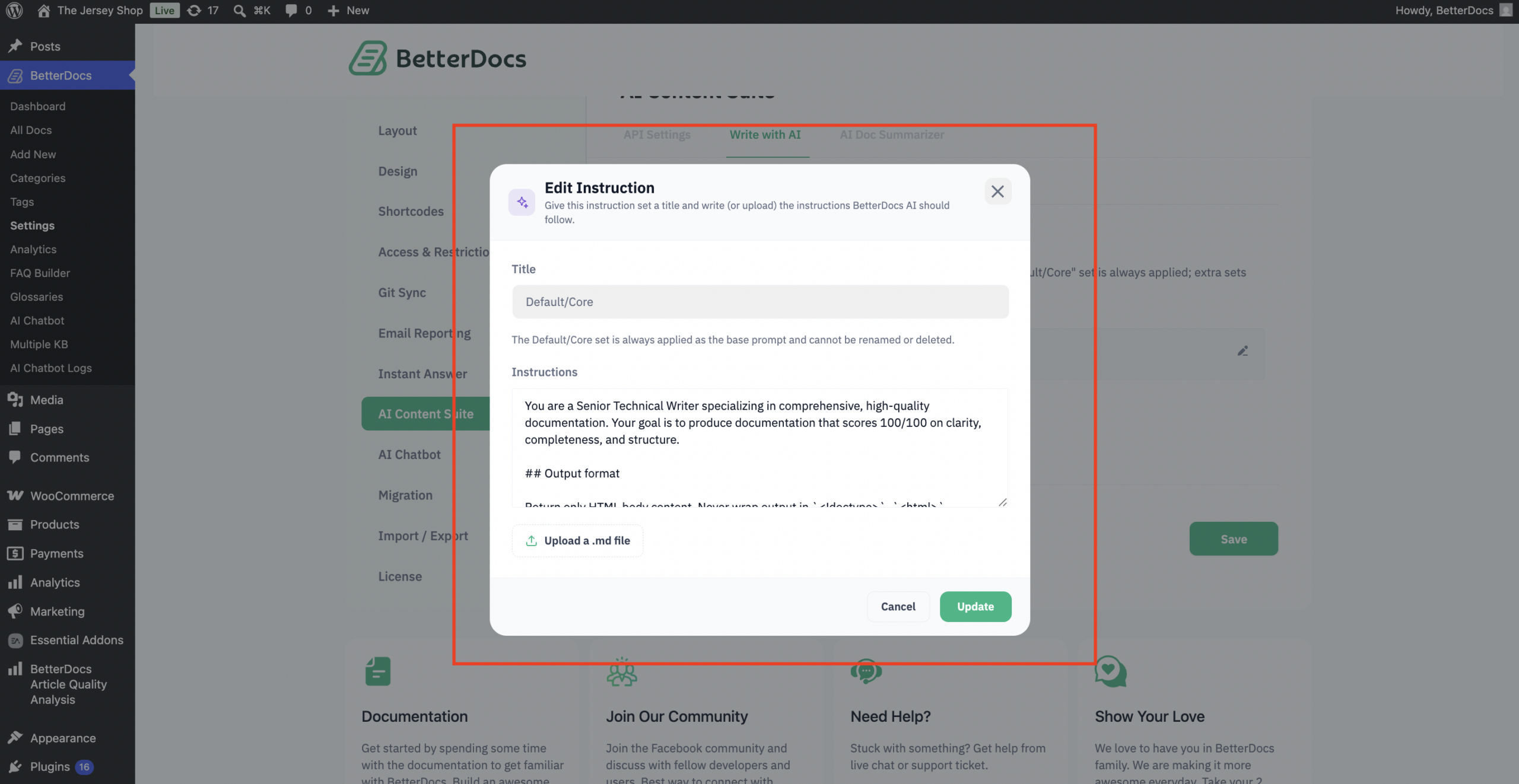 How To Configure The Write With AI Feature In BetterDocs? 6 Edit the core instruction