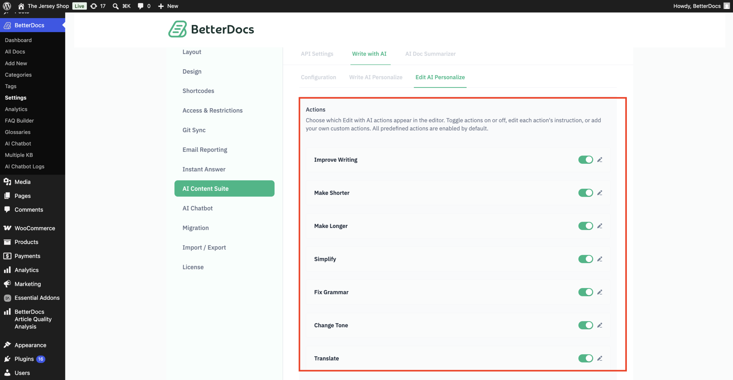 How To Configure The Write With AI Feature In BetterDocs? 8 Customize Edit with AI Actions