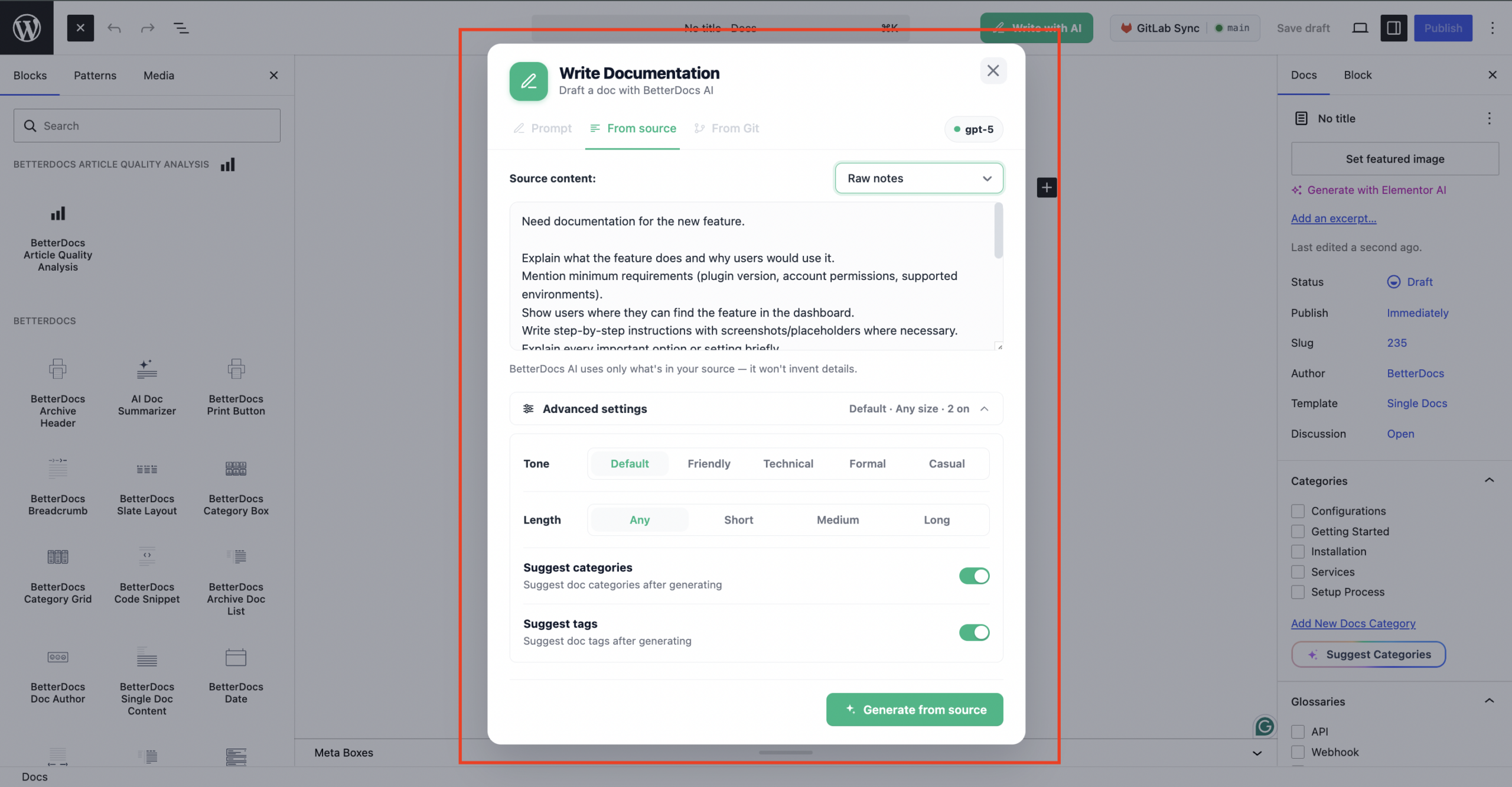 Effortlessly Write Documentation With AI In BetterDocs 11 Generate from Existing Source Content