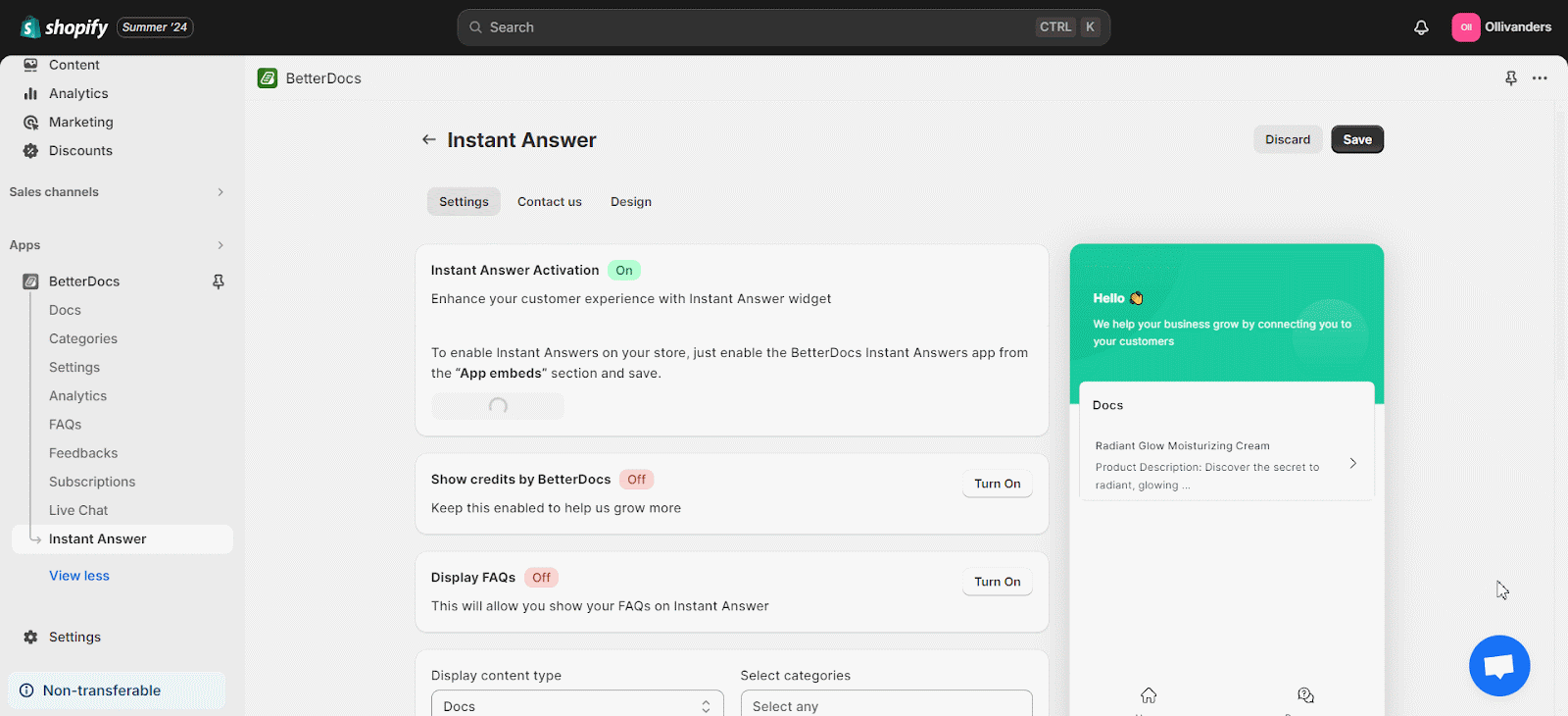 Configure Instant Answers With BetterDocs For Shopify