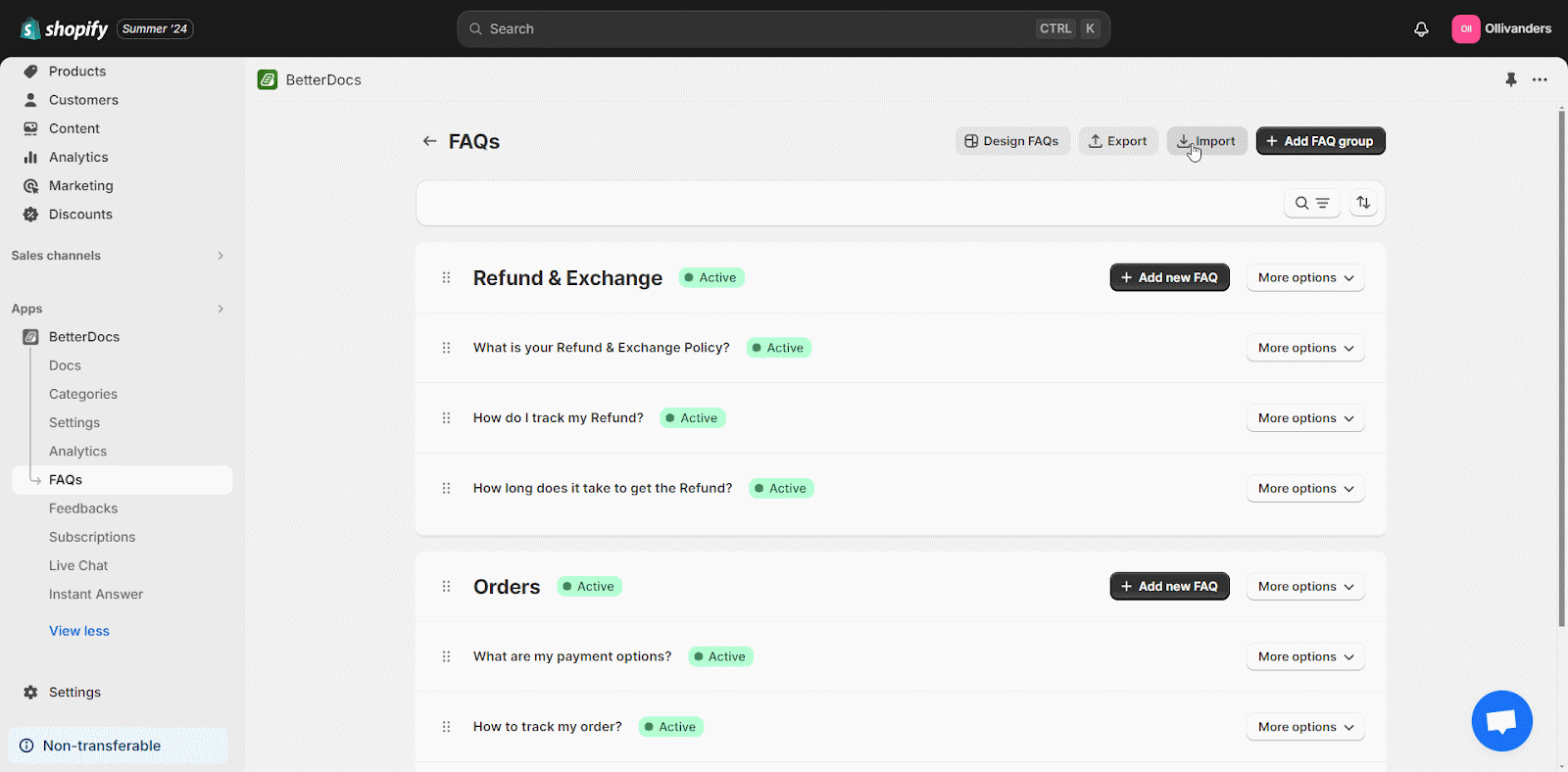 How To Import And Export FAQ In BetterDocs For Shopify