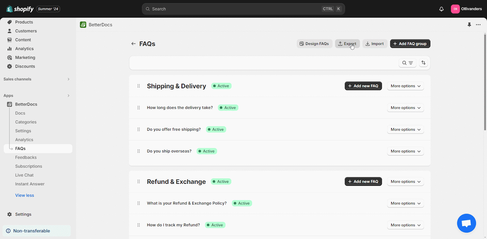 How To Import And Export FAQ In BetterDocs For Shopify