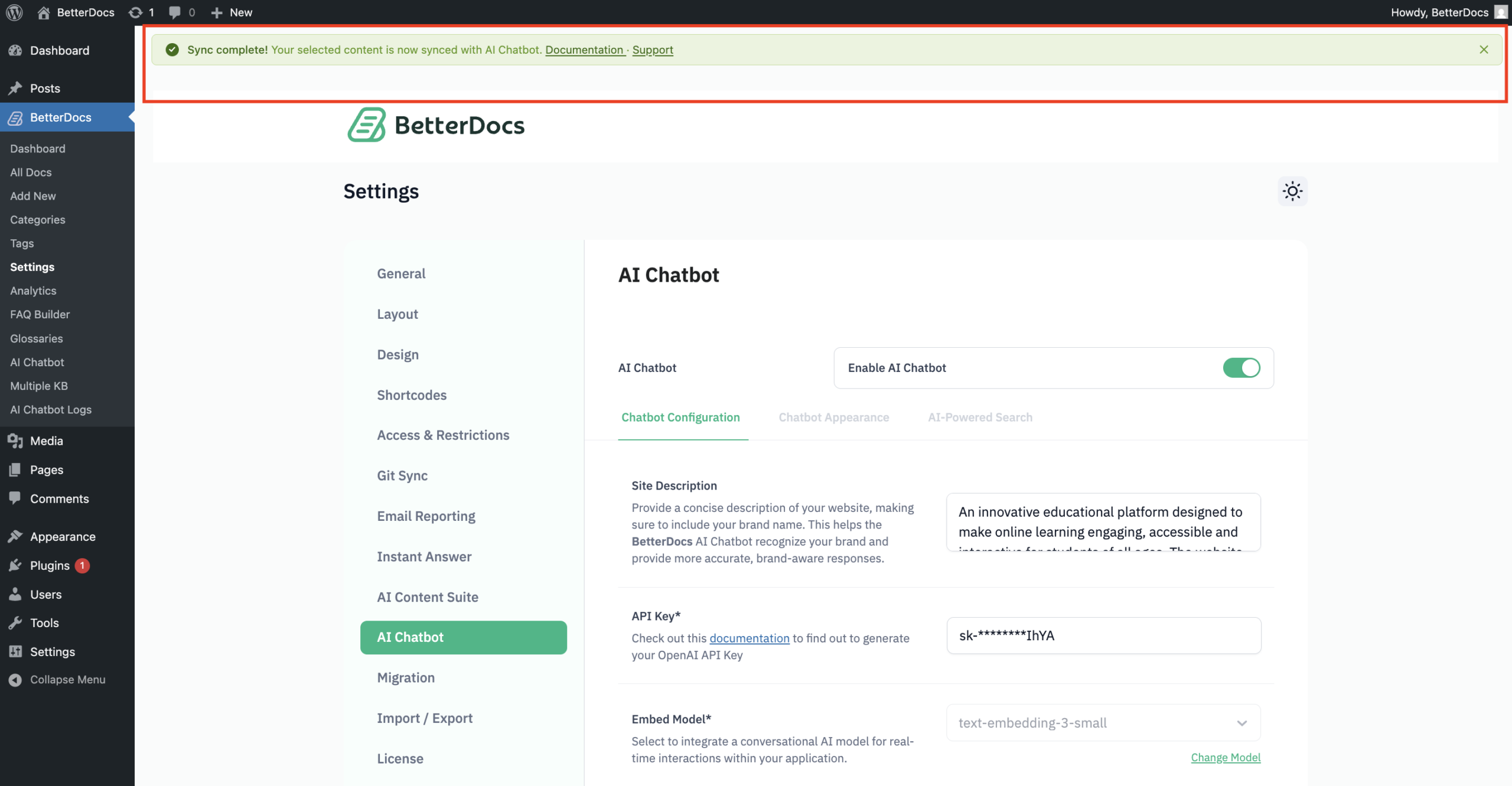 How to Configure BetterDocs AI Chatbot? 9 Sync Complete in BetterDocs