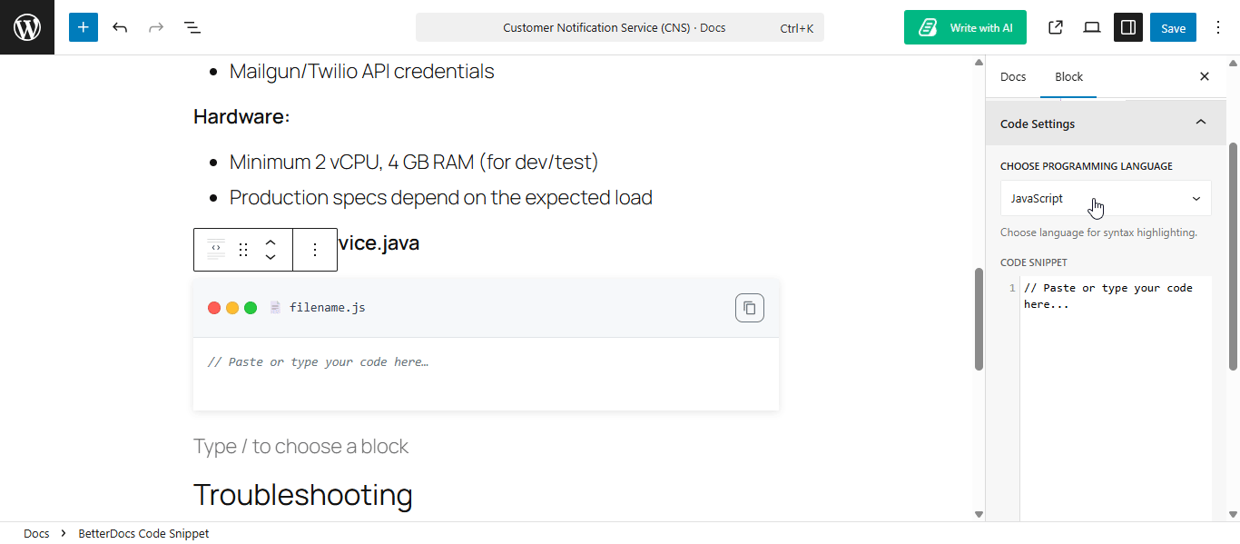 How to Configure Code Snippet in BetterDocs? 11 Configure Code Snippet: Choose Code Language