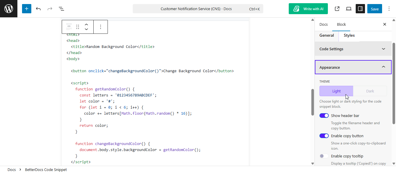 How to Configure Code Snippet in BetterDocs? 12 Configure Code Snippet: Change the Appearance