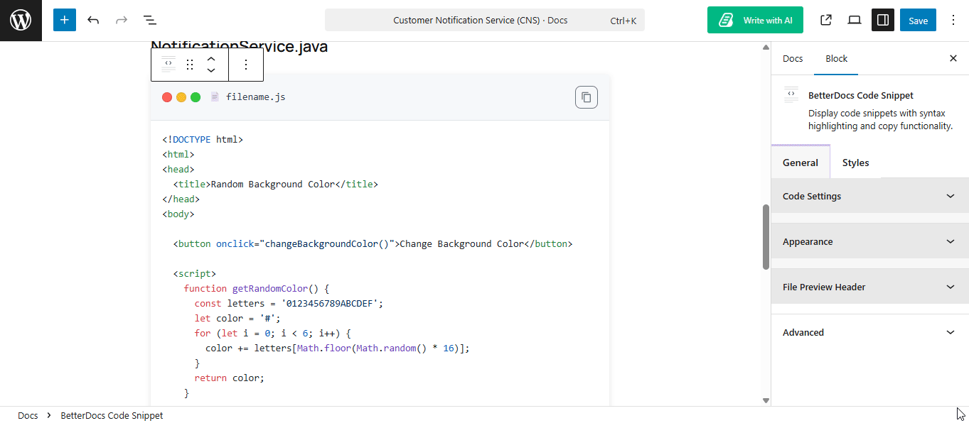 How to Configure Code Snippet in BetterDocs? 13 Configure Code Snippet: Customize File Preview
