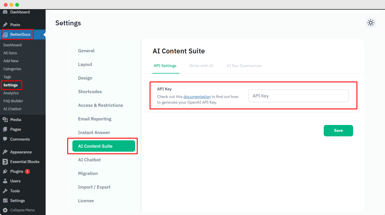 How to Configure AI Doc Summarizer for BetterDocs? 12 Add open API key in BetterDocs