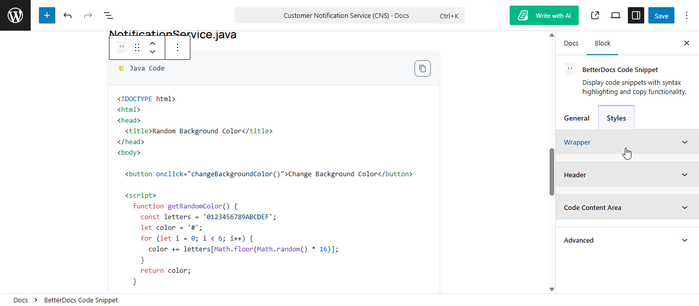 How to Configure Code Snippet in BetterDocs? 14 Configure Code Snippet: Choose style
