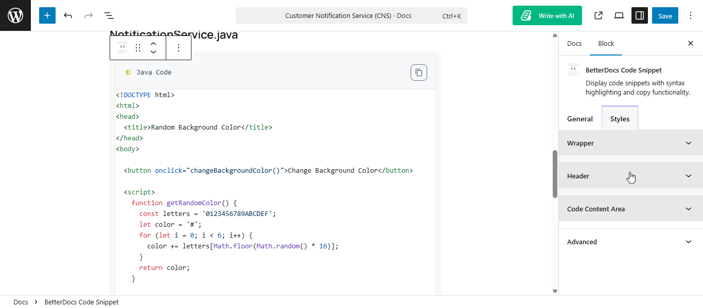 How to Configure Code Snippet in BetterDocs? 15 Configure Code Snippet: Customize the header section