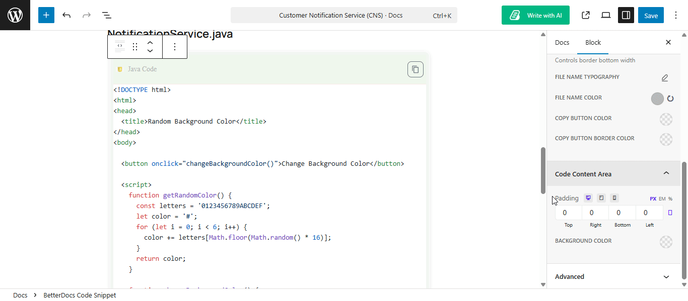 How to Configure Code Snippet in BetterDocs? 16 Configure Code Snippet: Customize the code content