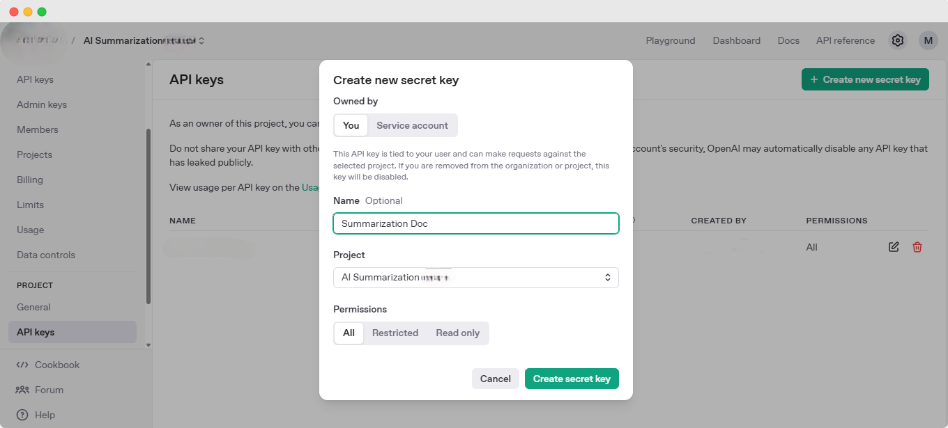 How to Configure AI Doc Summarizer for BetterDocs? 13 Create new secret key from OpenAI