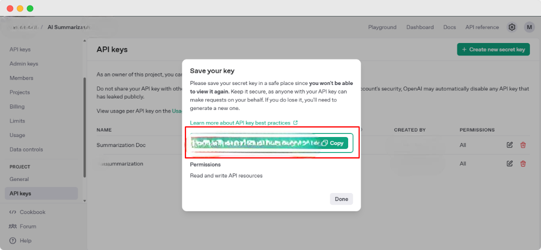 How to Configure AI Doc Summarizer for BetterDocs? 14 Copy secret API key