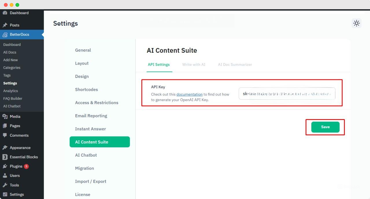 How to Configure AI Doc Summarizer for BetterDocs? 15 Paste the API key in BetterDocs API settings
