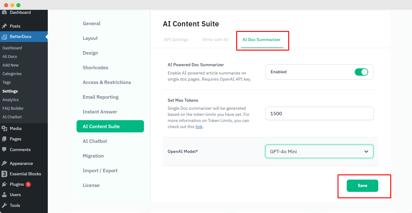 How to Configure AI Doc Summarizer for BetterDocs? 16 Enable and save AI doc summarizer from BetterDocs
