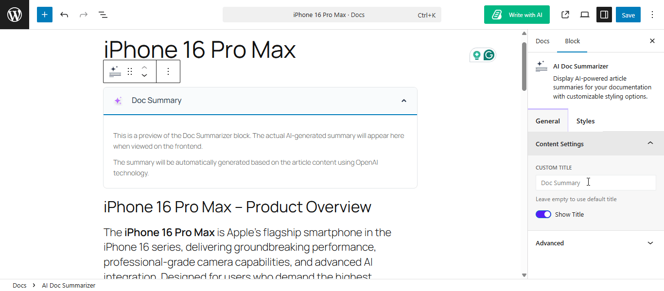 How to Configure AI Doc Summarizer for BetterDocs? 18 Customize General settings of AI doc summarizer
