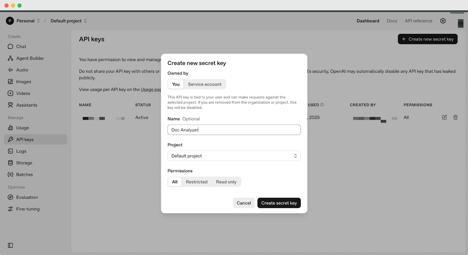 Create new secret key