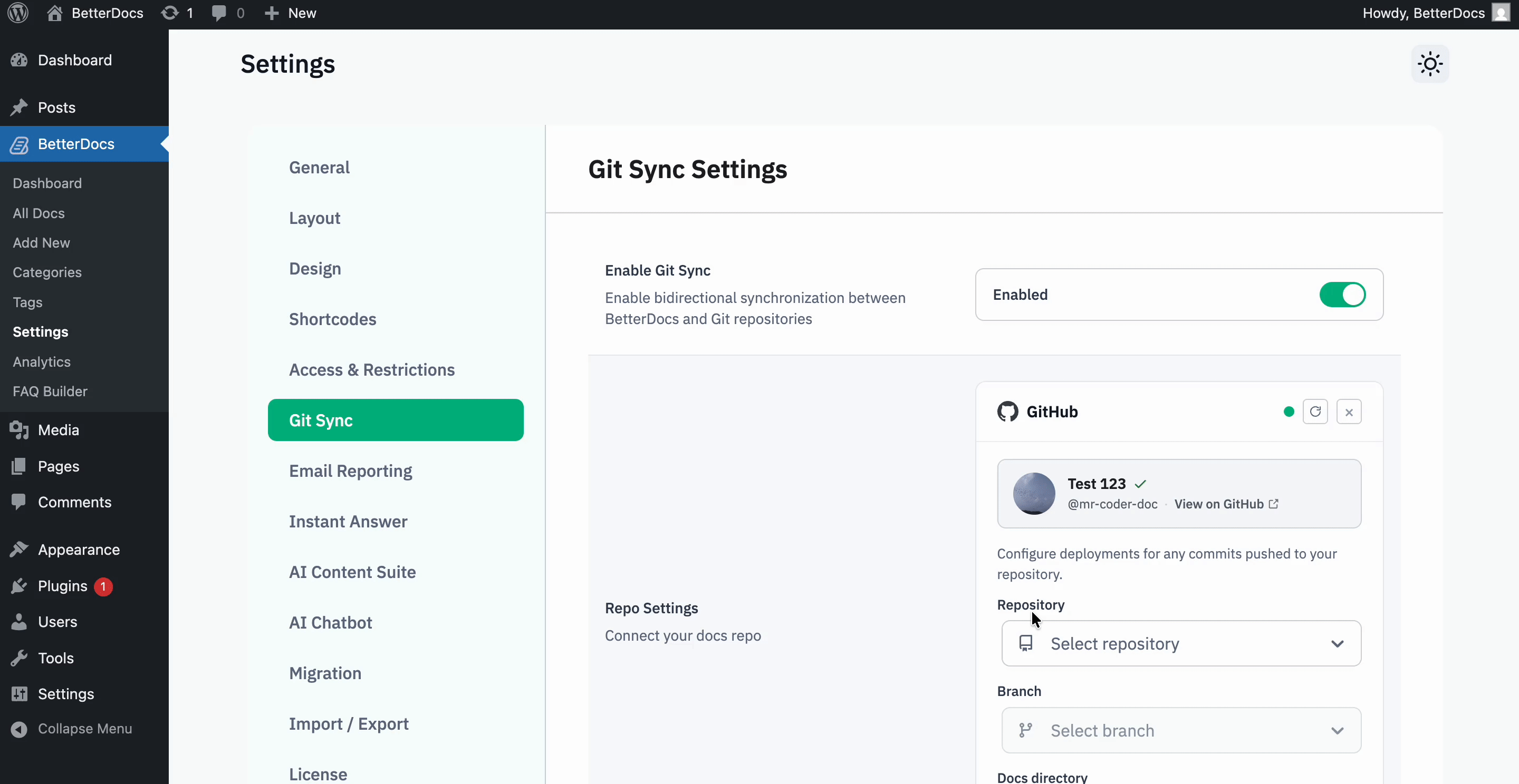Sync Docs Smarter with the New Git Integration in BetterDocs 4 Git Integration Settings