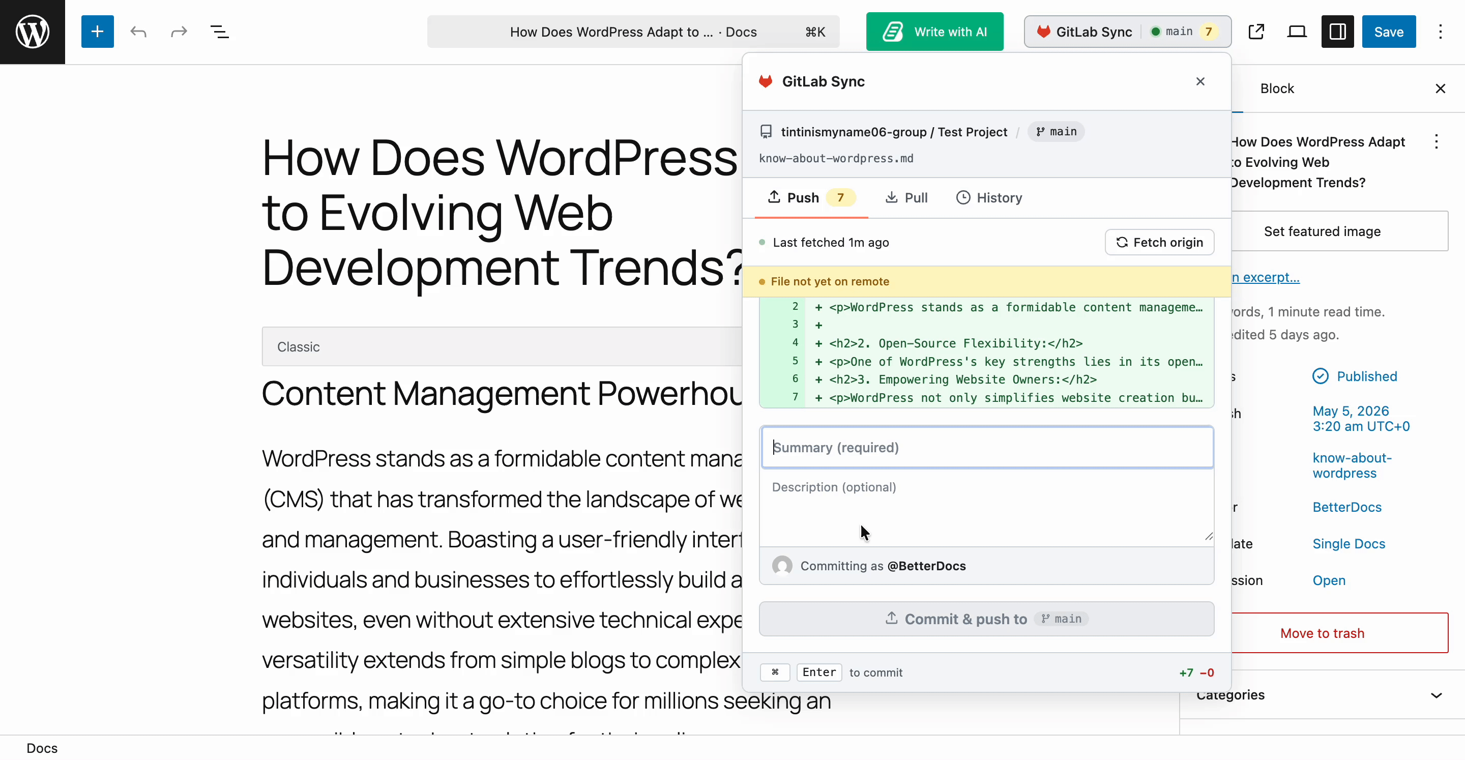 How to Connect the GitLab Repository to BetterDocs 5 Push documentation to GitLab