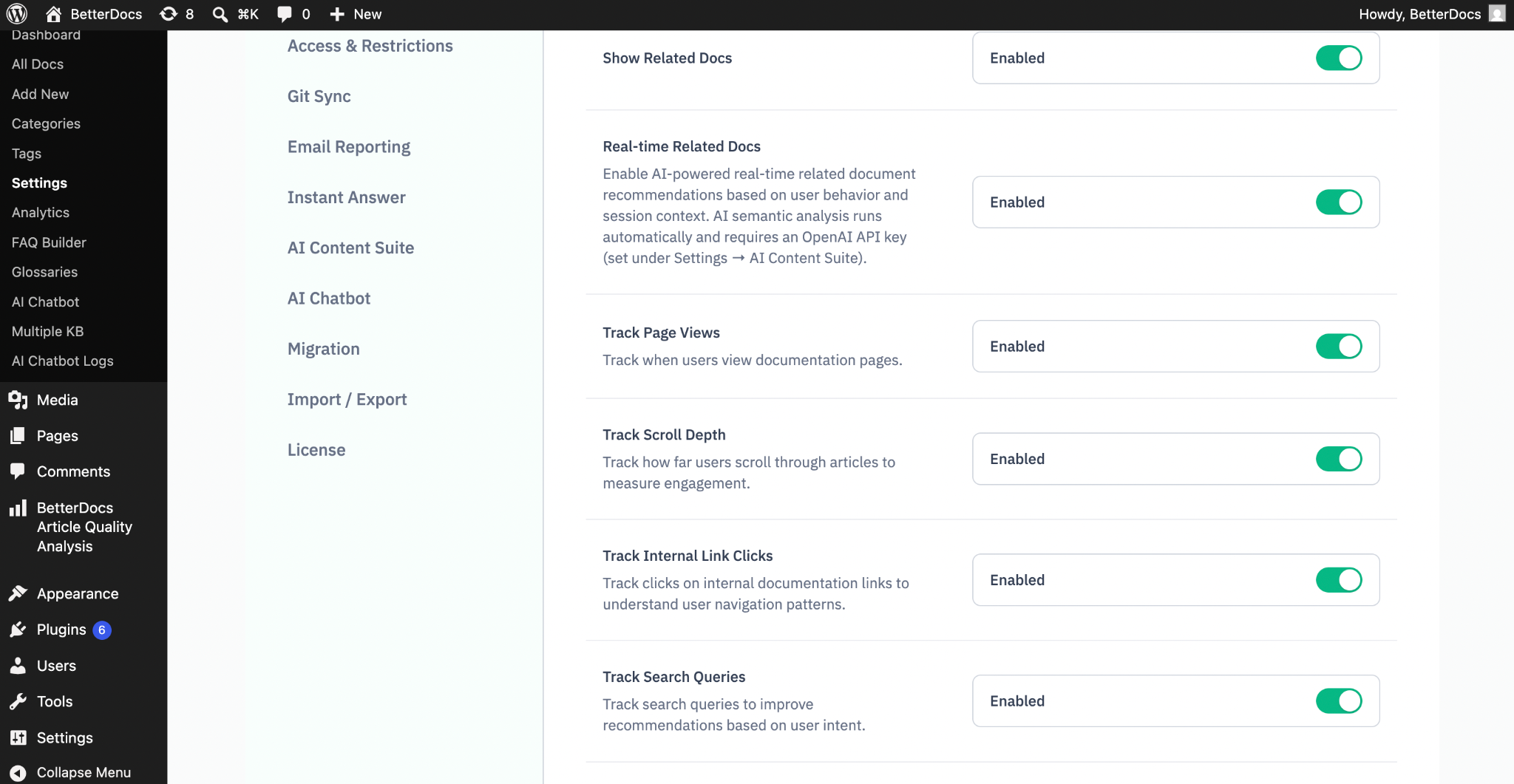 How to Configure AI-Powered Real-time Related Docs in BetterDocs? 2 Configure Tracking Settings