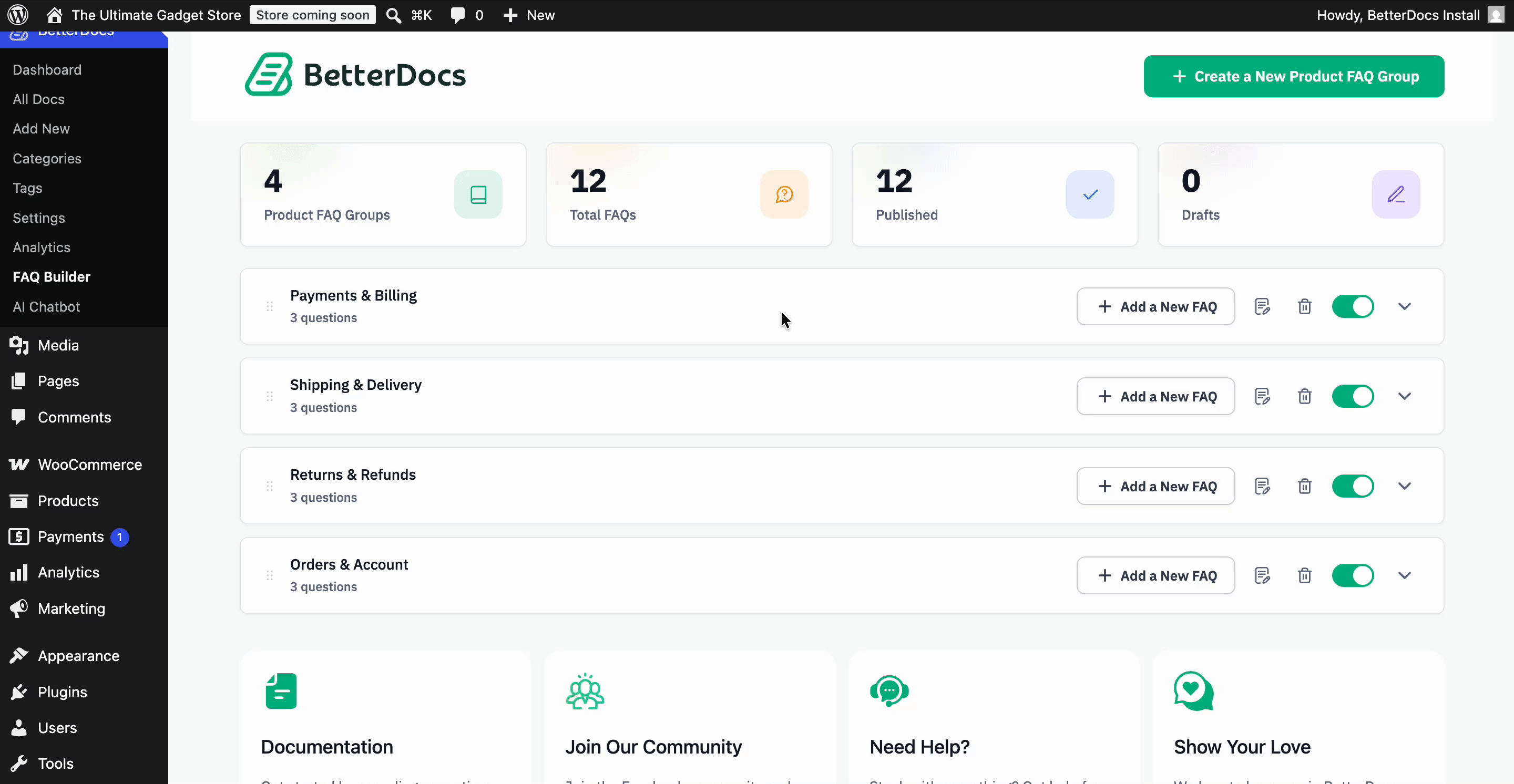 BetterDocs WooCommerce Product FAQ: Turn Product Questions Into Purchase Confidence 4 FAQ Groups for Your Products