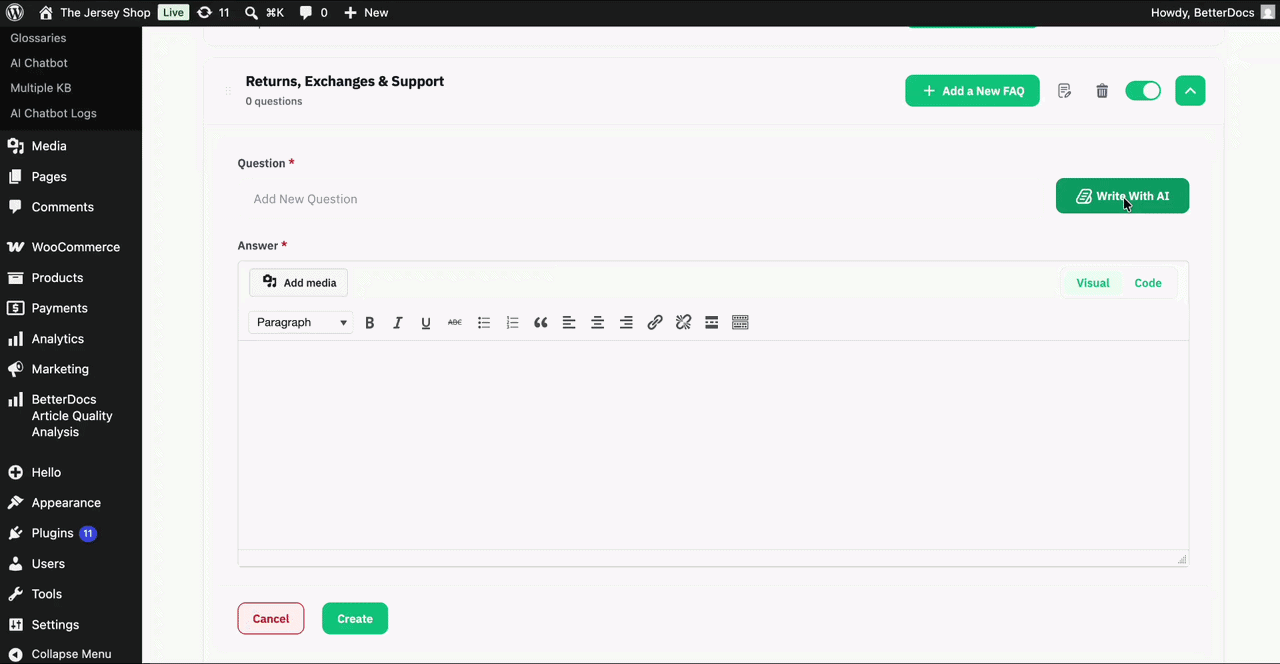 How to Create WooCommerce Product FAQ With BetterDocs? 4 Add FAQ with AI