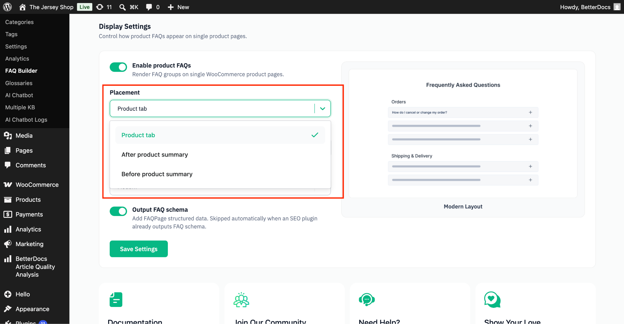 How to Create WooCommerce Product FAQ With BetterDocs? 5 Configure Display Settings