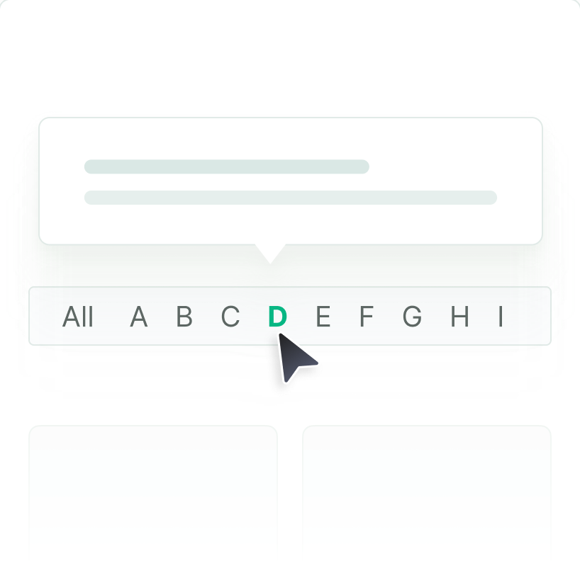 Glossary tooltip with an A–Z index