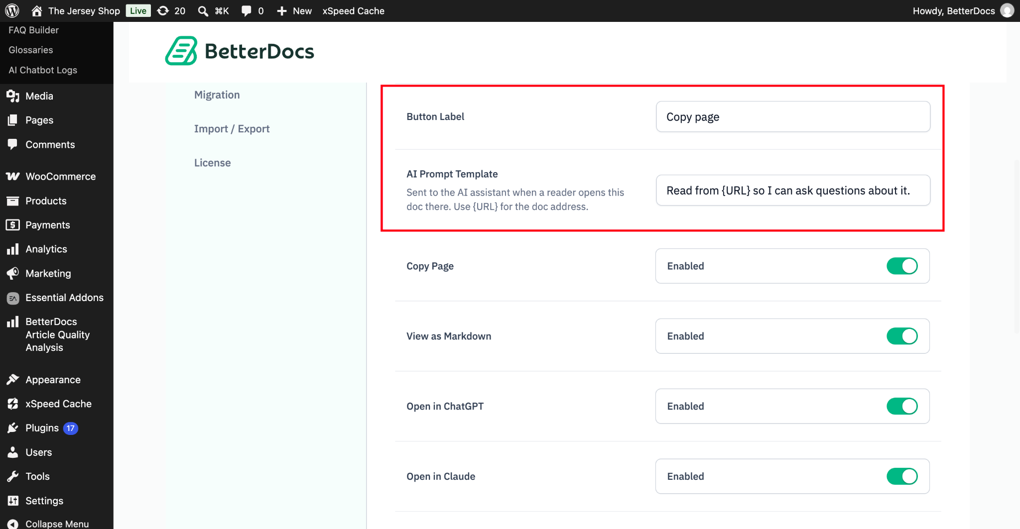 How to Let Readers Copy Docs Or Open them in AI Assistants with BetterDocs AI Action? 3 Button Label