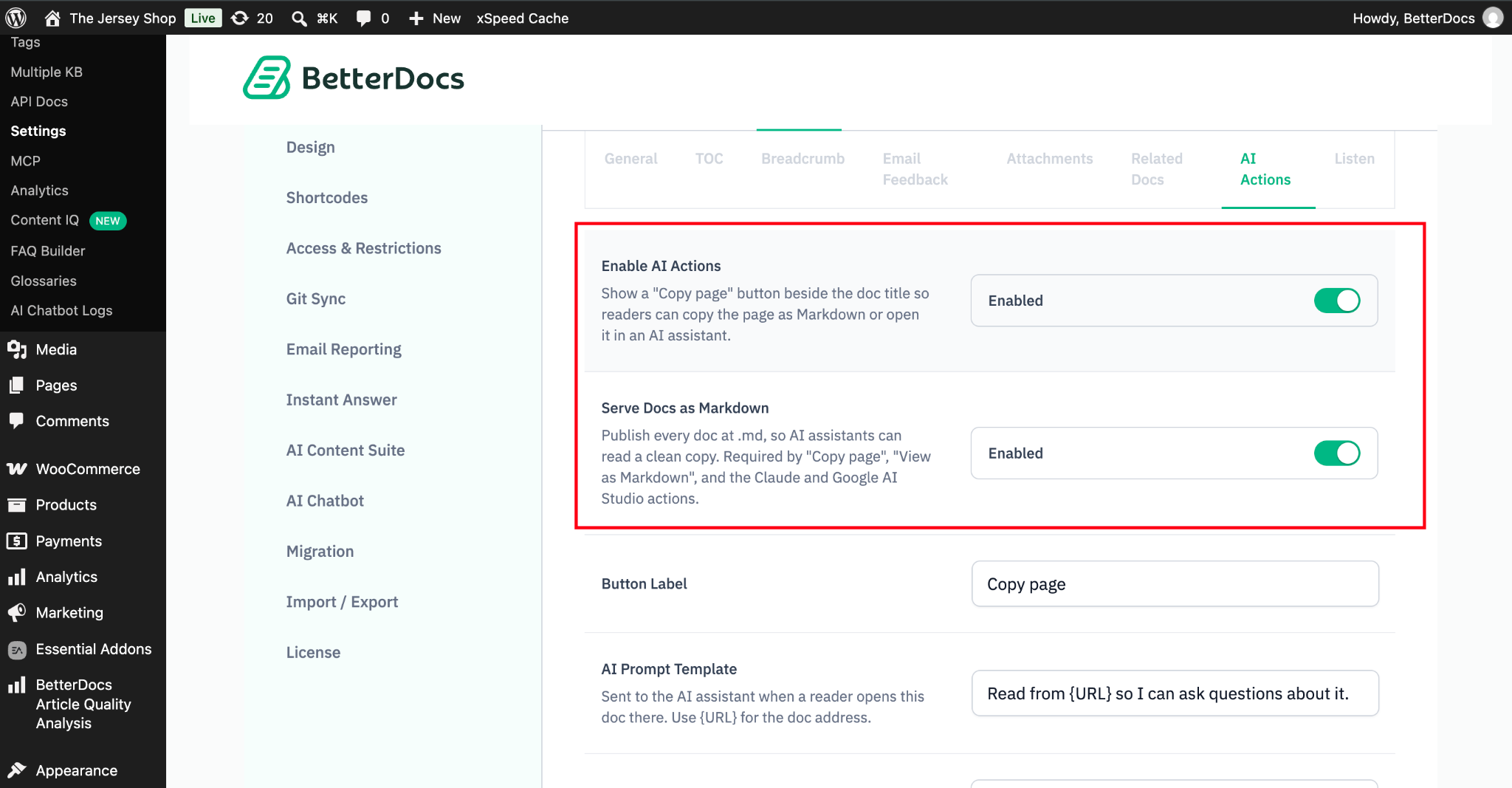 How to Let Readers Copy Docs Or Open them in AI Assistants with BetterDocs AI Action? 2 Enable AI Actions