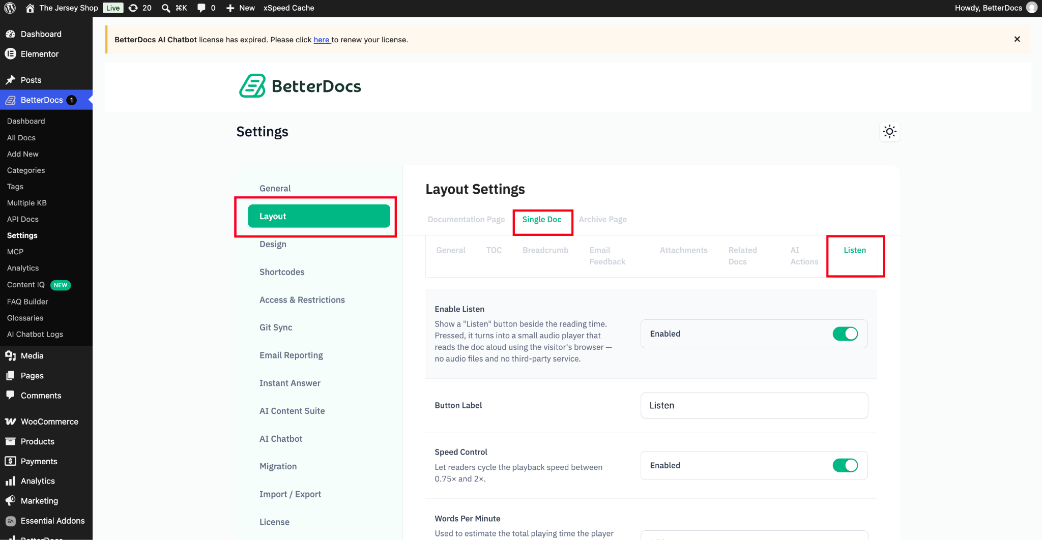 Single Doc Layout Settings
